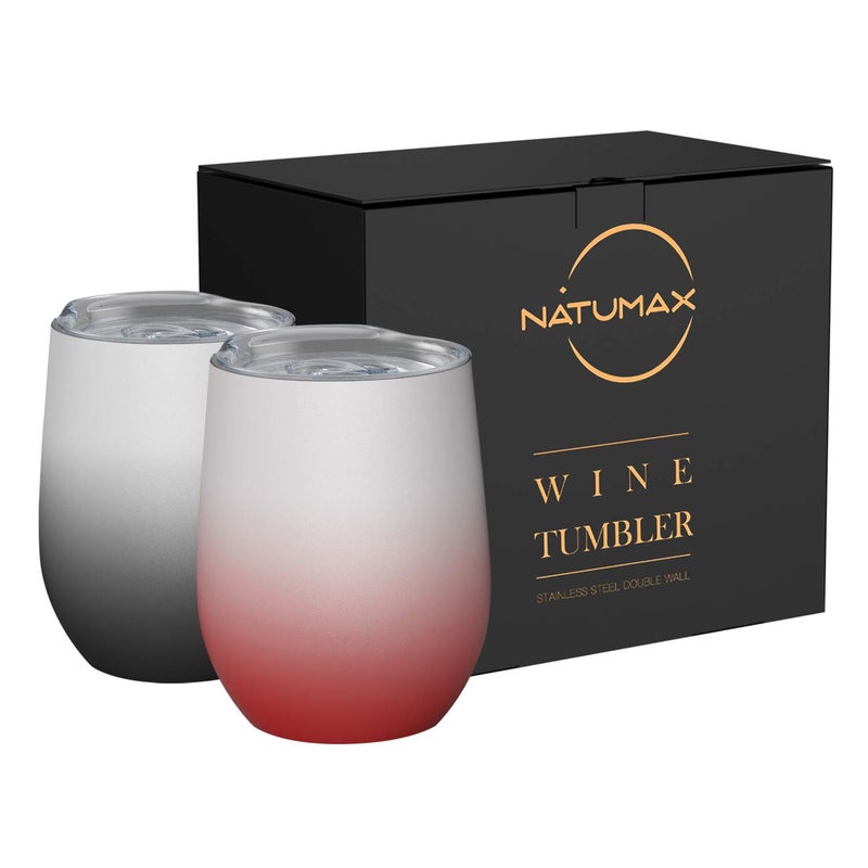 NATUMAX كؤوس ناتومكس للنبيذ مع غطاء، 12 أونصة، كؤوس نبيذ من الفولاذ المقاوم للصدأ بدون ساق، كوب معزول مزدوج الجدار للسفر للقهوة، المشروبات، الشمبانيا، المشروبات، مجموعة من 2 - Image 1
